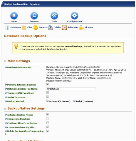 Database (native) backup settings