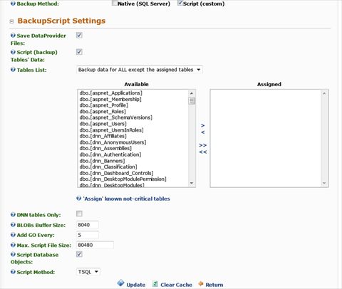 Database (script) backup settings