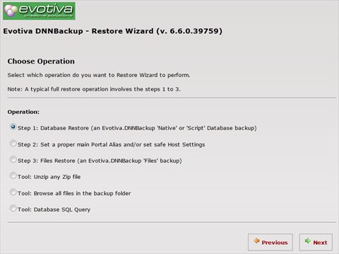 DNNBackup - RestoreWizard - 04 - choose operation