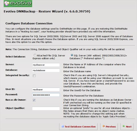 Restore Wizard - Database Restore - Connection