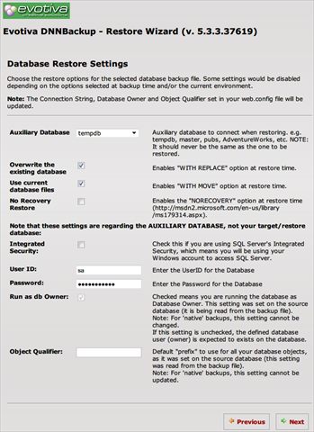Database Restore - Settings (native)