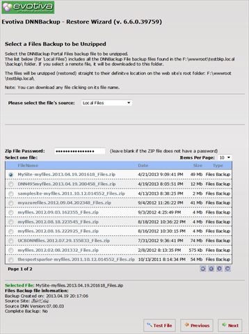 Files Restore - selecting a file