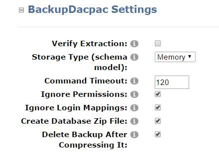 Dacpac Database Backup Settings